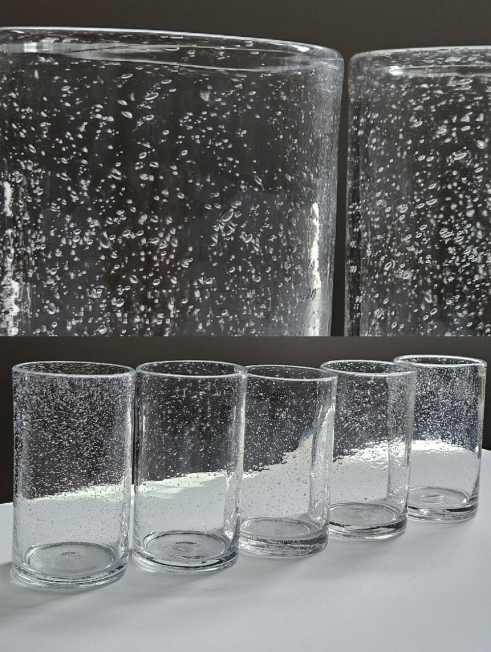 set of 5 clear seeded glass highball drinking glass chunky thick handblown vases